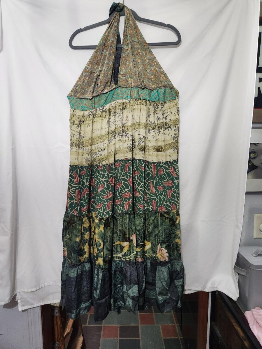 NWT Mexicali Blues Patchwork Sari Silk Halter Dress L/XL Boho Maxi